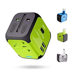 Adattatore da Viaggio con 2 USB 3.0 (US/EU/UK/AU) Adattatore Universale da Viaggio con due fusibile (fusibile di ricambio) Utilizzati in più di 150 paesi Caricabatterie (Verde)