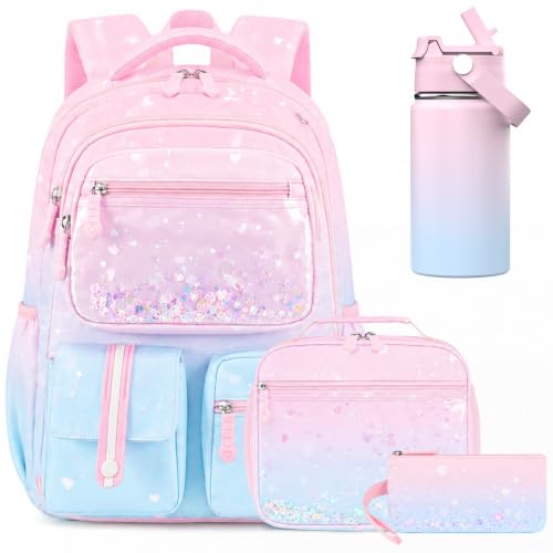 ACESAK 4PCS Mermaids Girls Backpack with 14OZ Water Bottle Set,Pink Blue