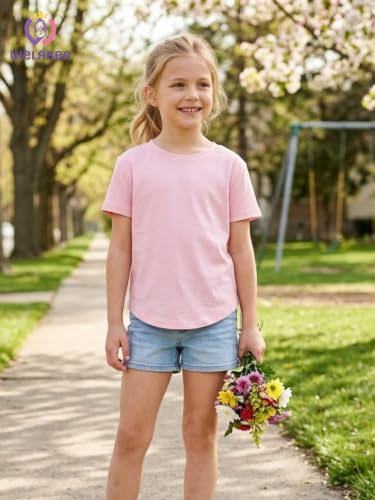 Image of WELAKEN Girls Soft T-Shirt with Curved Hem, Breathable Stretchy Rayon Crewneck Short Sleeve Tees, Kids Everyday Basic Top