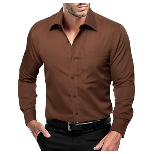 Dubulle Camisa social masculina lisa de cetim manga longa casual para negócios com bolso para homens, Café, XGG