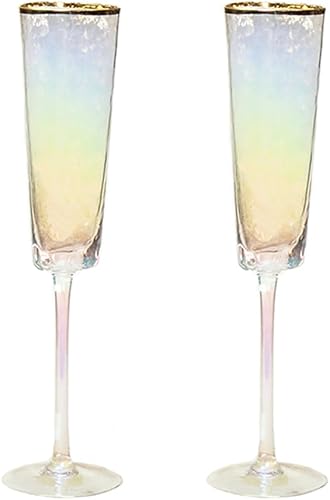 Juego de 2 copas de vino con borde dorado, copas de champán de colores, copas de cristal de tallo largo, cristalería con patrón de martillo para
