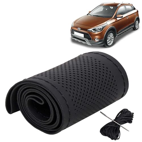 Image of KINGSWAY PU Leatherite Car Steering Cover Sewable Compatible with Hyundai I20 Active (Year 2015 Onwards), Black Color with Black Thread, Pack of 1 with Sewing Needle and Thread