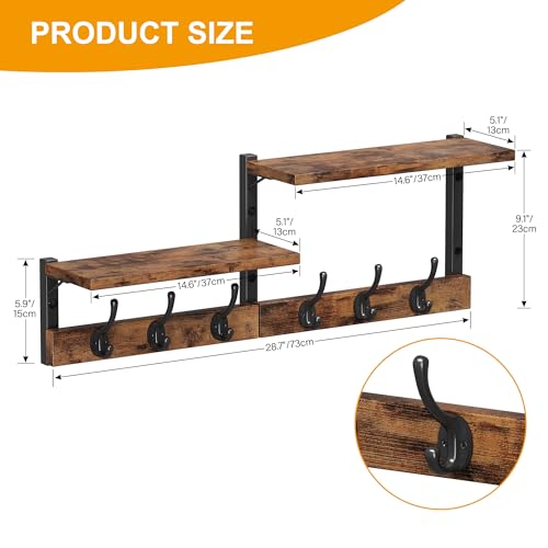 Homeiju 28.7\" Coat Rack Wall Mount with Shelf, Key Hooks for Wall with Shelf, Coat Hooks Wall Mounted with 6 Heavy Duty Double Hooks for Bedroom,Living Room, Rustic Brown - Thumbnail 3