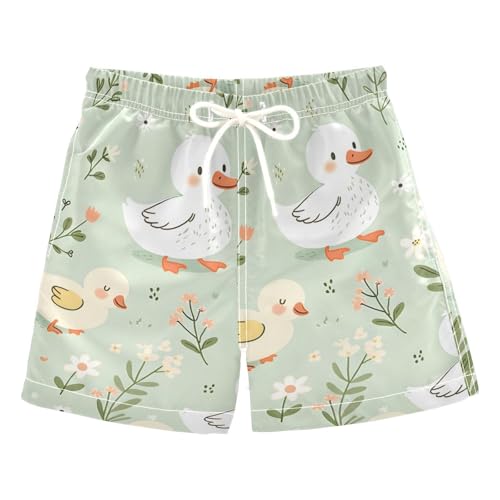 OREZI Boys Swim Shorts Cartoon Cute Ducks Floral Green Bathing Suit for Kids