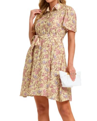 Image of Women Long Sleeve Spring Button Down A-Line Floral Print Summer Cocktail Shirt Dresses with Belt
