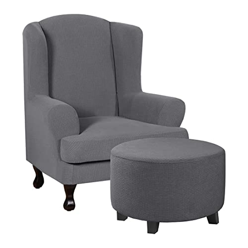H.VERSAILTEX 2 Piece Wing Chair Covers Bundles Round Ottoman Slipcover(Medium, Gray)