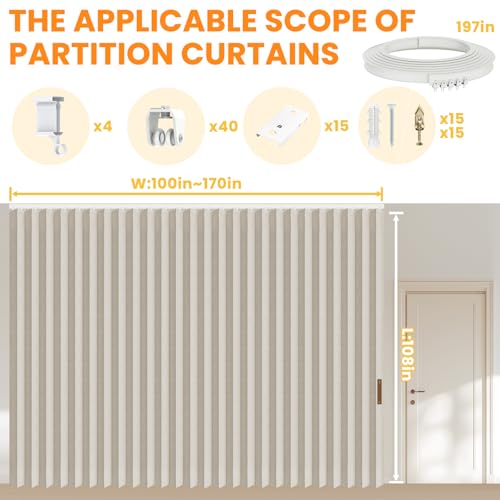 Image of Room Divider Curtain Sets with Flexible Ceiling Track, Privacy Soundproof Curtain for Bedroom Office Patio Sliding Door(Cream White, W180 x L108, 1 Pack)