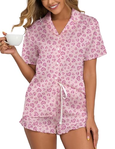 Image of Veseacky Women Satin Pajamas Set 2 Piece Button Down Short Sleeve Soft Sleepwear with Pockets