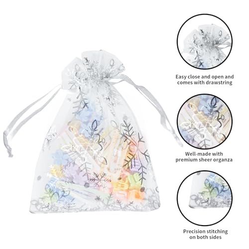 Image of YHJZ 50PCS Snowflake Organza Bags, 4x6 inches Small Christmas Gift Bags with Drawstring, Mesh Bags for Gift (White Christmas)