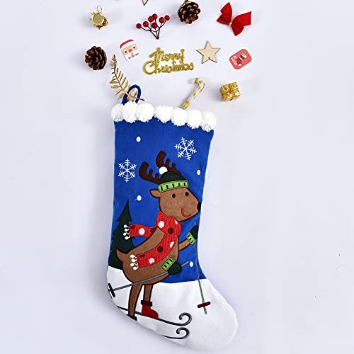 Xwtex Dark Blue Christmas Stocking, Lovely Reindeer Snow Embroidered And Cuff With Seven Cute Plush Balls, Xmas Party Ornaments Gifts For Kids Family #TOP3