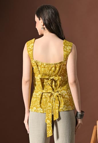 Image of Amazon Brand - Tavasya Women Floral Printed Short Kurti | Stylish Square Neck & Back Back Design with String Ties | Sleeveless Modern Top