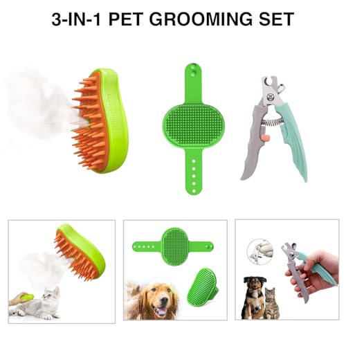 Image of 3-in-1 Pet Grooming Set for Dogs & Cats | Nail Clipper with Safety Lock + Steam Massage Brush + Silicone Glove Brush | Trimming, Bathing, Detangling & Fur Removal | Safe & Easy Home Grooming