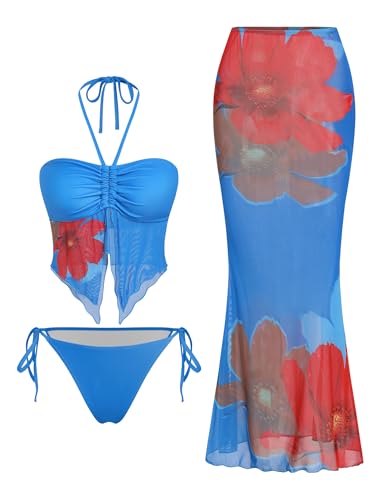 Image of ZAFUL Women 3 Piece Bikini with Cover Up Skirt Halter Bandeau Swimsuit Floral Tie Side Cheeky Bathing Suit