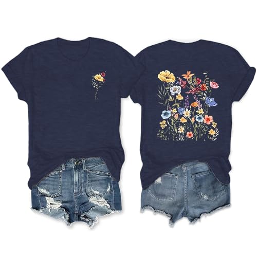 Anbech Women's Floral Summer Tops Wildflowers Graphic Casual Short Sleeve Tee Shirt (Navy Blue, XL)