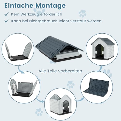 COSTWAY Hundehütte Outdoor, wetterfestes Hundehaus mit abschließbarer Metalltür, Belüftungsschlitzen, geneigtem Dach, Haustierhaus für kleine Hunde & Katzen, Hundekäfig für Indoor (Grau)
