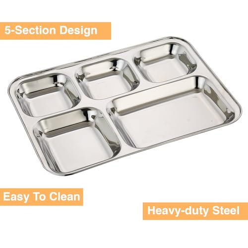 Image of Expresso - Heavy Duty Stainless Steel Rectangle /Square Deep Dinner Plate w / 5 Sections Divided Mess Trays for Kids Lunch, Camping, Events & Every Day Use Kitchenware.