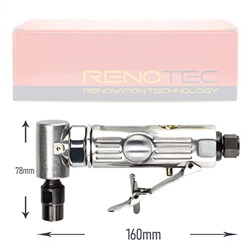 Renotec Air Angle Die Grinder, 0.25 Hp And 21,000 Rpm Motor, Lightwight Aluminum Body, Safety Lock, With 1/4" 1/8" Collets, Pneumatic Power Tool For Grinding And Polishing On Metalwork Woodwork #TOP4