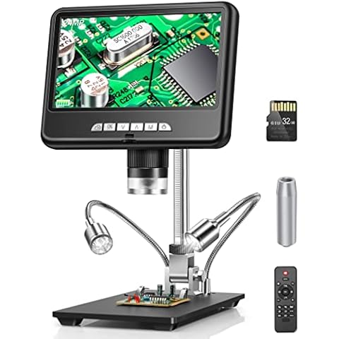 2K LCD Digital Microscope 1200X, Dcorn 7" 24MP HDMI Microscope, Soldering Coin Microscope with Lights, Extension Tube & 32GB Card Included, Coin Magnifier with Light Cover