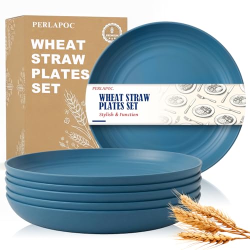 Image of Picnic Plates Reusable Set of 6, Unbreakable 9In Wheat Straw Plate | Dinner Plastic Plates for Home Kitchen Use, Dishwasher & Microwave Safe - Bule