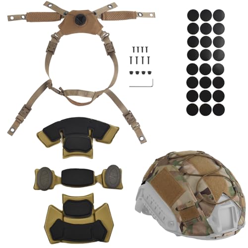 Helmet Cover Cloth,Adjustable Dial Suspension System Chin Strap Tactical Helmet Retention System Chin Strap and Airsoft Helmet Padding Kit Universal EVA Foam Pads Set (TAN)