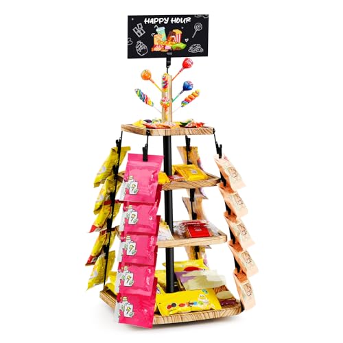 Chip Rack Display Stand for Party, 360 Wooden 4-Tier Snack Organizer, Candy Display Rack Holder, Lollipop Holder with DIY Handwritten Chalkboard for Party, Countertop, Concession Stand, and Pantry
