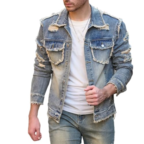 Men Streetwear Solid Ripped Slim Denim Jacket Male Holes Casual Jacket Coat Casual Classic Denim Jacket