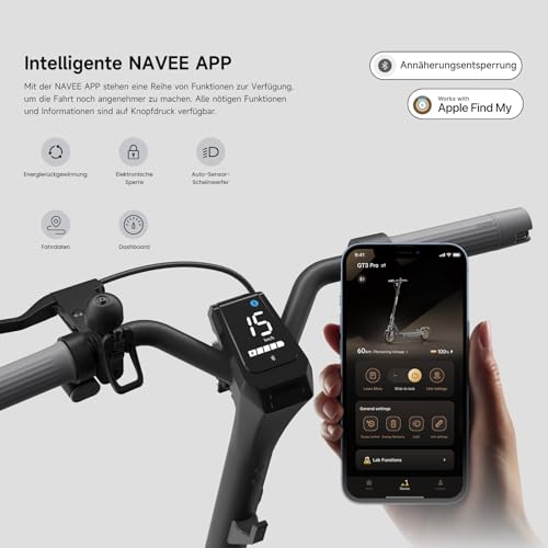 NAVEE NAVEE GT3 Pro D E-Scooter Erwachsene 400W Motor | 60 km Reichweite | Vierfach-Federung | Klappbar (54 cm) mit IPX5 & TÜV-Zulassung Stadtscooter für Kopfsteinpflaster/Steigungen 22% - Funktionsansicht 5 | Tages Deals