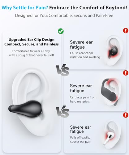 Image of Boytond Ultra Open Ear Earbuds - Ergonomic Clip-On Earbuds, Bone Conduction Over-The-Ear Headphones with Waterproof Design and Secure Fit for Small Ears, Night Black
