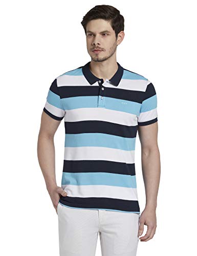Image of Colorplus Striped Medium Blue Coloured Casual Cotton T-Shirt (Size:- XXL)