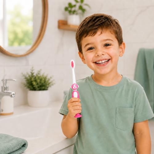 Image of Toothbrush for Kids with Ultra Soft Bristles for Oral Cleaning, Suitable For 2-12 Years Toddlers, Monkey Design, Pink, Pack of 1