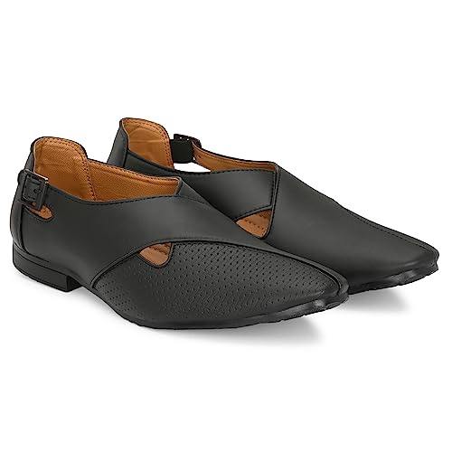 Image of Stylelure Ethnic Premium Leather Black Formal Peshawari Sandals|Summer|Trendy Slip-On Outdoors for Men (Black)