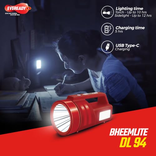 Image of Eveready Bheemlite DL94, 4W Rechargeable LED Torch & 4W Sidelight, USB Type-C Fast Charging, 4 Light Modes, Overcharge & Deep Discharge Protection, Shoulder Strap Included, Powered by Li-ion Battery