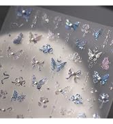 Butterfly Nail Art Stickers Decals Blue Glitter Butterfly Nail Decals 1PCS 5D Embossed Jelly Butt...