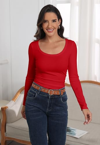 Image of Roselux Womens Long Sleeve Scoop Neck Ribbed Knit Fitted Casual Tops Tee Slim Basic Shirts