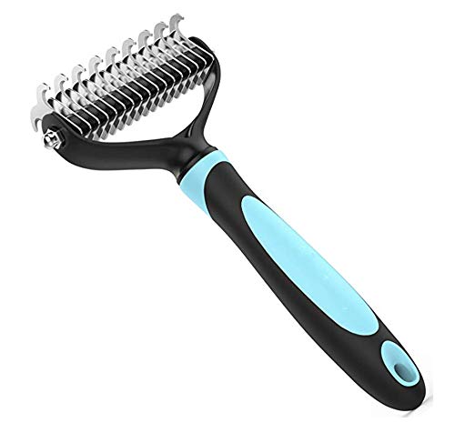 Snusenan Pet Grooming Tool - 2 Sided Undercoat Rake for Cats & Dogs - Safe Dematting Comb for Easy Mats & Tangles Removing - No More Nasty Shedding and Flying Hair (Blue)