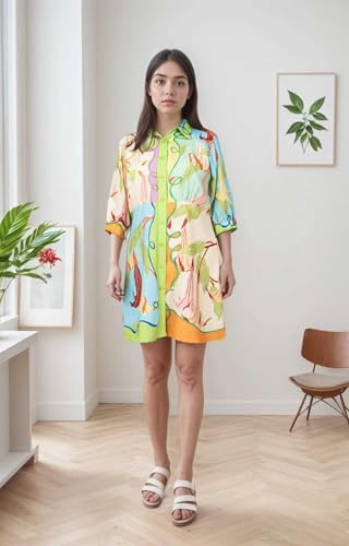 Image of Summer Shirt Dress for Women Long Sleeve Floral Printed Button Down Mini Dresses
