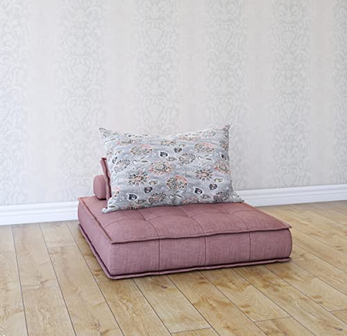 Image of 20x20x6 Inches Low Seating Floor Sofa with Pillow, Single Seat Back Rest Support Square Lounger + Cotton Canvas Cushion for Balcony, Guest, Livingroom, Set of 1 (Light Magenta, Grey Print)
