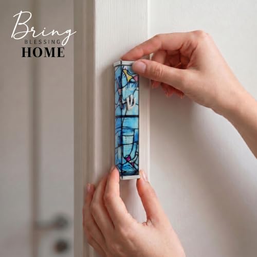 Image of SURI Mezuzah with Scroll for Door | 6 Inch Modern Aluminum Mezuzah Case | Fits 5 Inch Scroll | Gold & Silver Chagall-Inspired Design | Self Adhesive Easy Install | Judaica Jewish Gift