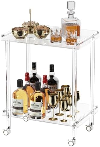 HMYHUM Acrylic Bar Cart, Rolling Serving Cart with 4 Lockable Whe...