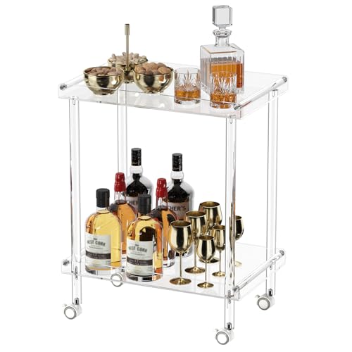 HMYHUM Acrylic Bar Cart Rolling Serving Cart with 4 Lockable Wheels for the Home Bar Kitchen Living Room Modern 2-Tier 23.6 L x 15 W x 30 H Clear