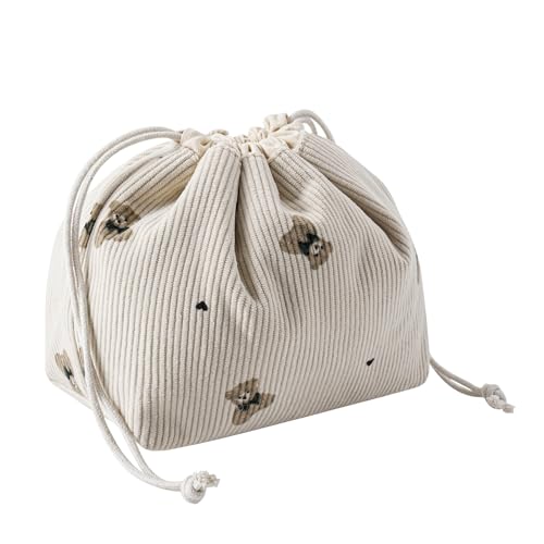 Cute Soft Corduroy Drawstring Makeup Bag with Canvas Lining, Coquette Aesthetic Drawstring Cosmetic with Bear Pattern for Women Girls, Kawaii Travel Makeup Organizer Case(04 Light Taupe)