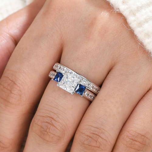 Wuziwen Three Stone Princess Cut Blue Simulated Sapphire and Cubic Zirconia Wedding Bridal Rings Set for Women 925 Sterling Silver Engagement Ring for Her3