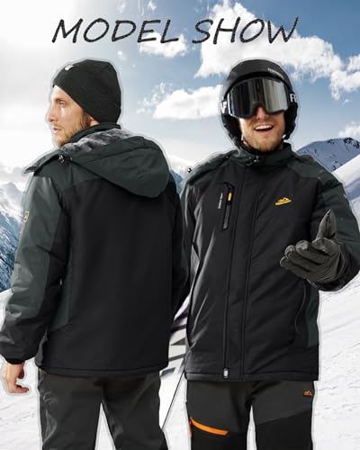 KEFITEVD Skijacke Herren Winter Regenjacke Wasserdicht Winterjacke mit Fell Arbeitsjacke Warm Gefütterte Funktionsjacke Schwarzgrau M