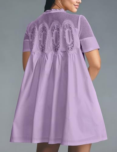 Image of Womens Summer Lace Mini Babydoll Dress Ruffled Collar Short Sleeve Loose Mesh Swing Elegant Flared Sundress