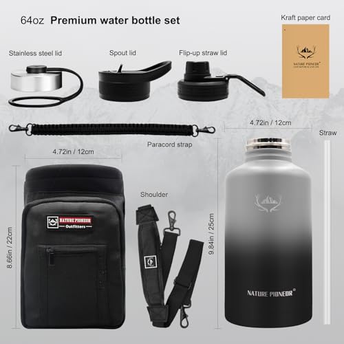 Image of NATURE PIONEOR 64 oz Insulated Water Bottle with Carrier Bag & 3 Lids