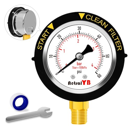 AetralYB Pool Filter Pressure Gauge - 304 Stainless Steel Case, IP67 Waterproof, 0-60 PSI, for Swimming Pool Pump, Spa & Aquarium Filter System, Clean Filter Indicator, 2' Dial, 1/4' NPT Bottom Mount