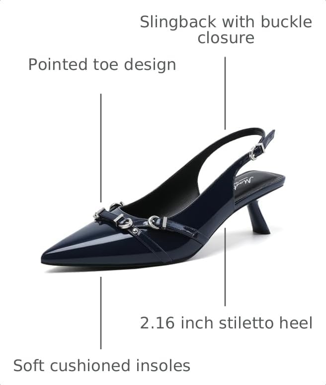 Image of Mostrin Kitten Heels for Women Pointed Toe Pumps Patent Leather Low Heel Slingback Heels with Buckle Dress Shoes for Dating Party Working