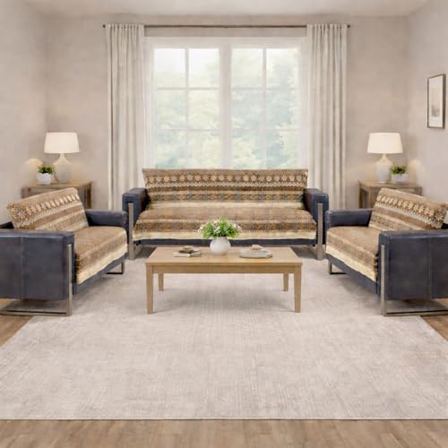 Image of Elegant Woven Brown Sofa Cover Soft Chenille Traditional Pattern with Lace Style | L-Shape Sectional Seat Protector for Living Room | Durable & Stylish Slipcover 7 Seater Sofa Cover