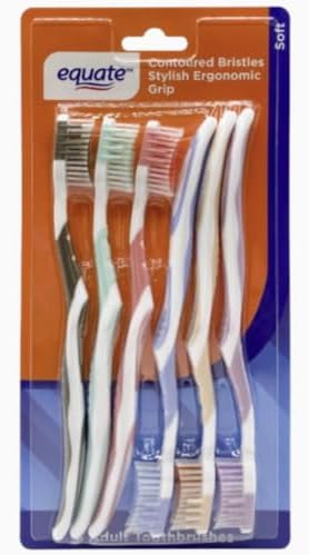 Equate Soft Adult Toothbrushes, Contoured Bristles, Ergonomic Comfort Grip Handle, Assorted Colors, Soft Bristles, Value Pack of 9 Toothbrushes