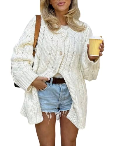 CHARTOU Women Chunky Cable Knit Cardigan Sweaters Button Up Loose Warm Sweater Coats